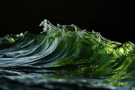 Green wave with water splashes on black background. Close up.の素材