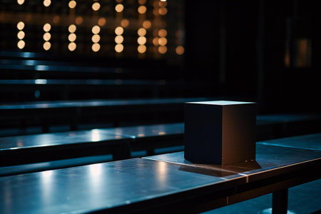 Blank black square box on metal table in dark room, stock photoの素材