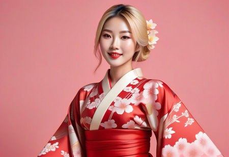 Beautiful asian woman in kimono on pink background.の素材