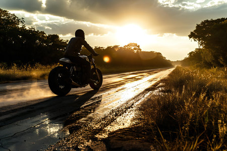 Silhouette of a man riding a motorcycle on the road at sunsetの素材