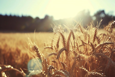 golden wheat field with sun rays and bokeh on backgroundの素材