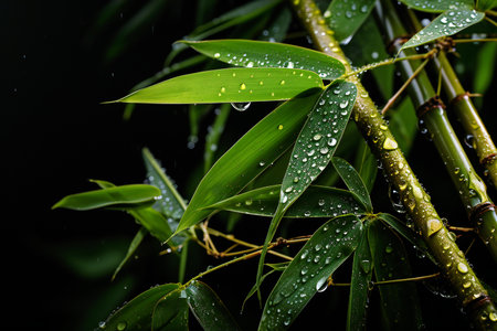 Bamboo leaves with raindrops on a black background. Shallow DOFの素材
