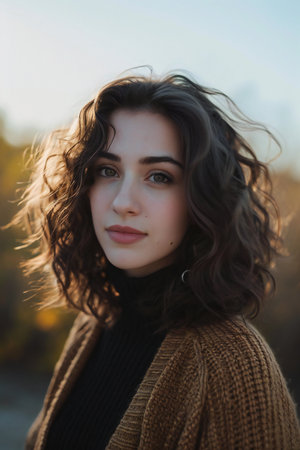 Portrait of a beautiful young brunette girl with long curly hair in a knitted sweater.の素材