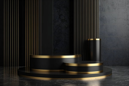Black and gold luxury podium for product presentation.の素材