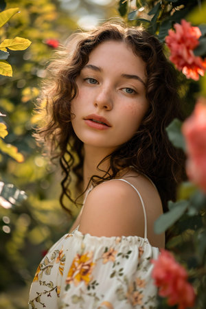 Portrait of a beautiful girl with curly hair in a summer gardenの素材