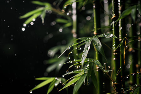 Bamboo with rain drops on black background. Shallow depth of field.の素材