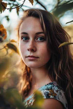 Portrait of a beautiful young girl in the autumn forest. Beauty, fashion.の素材