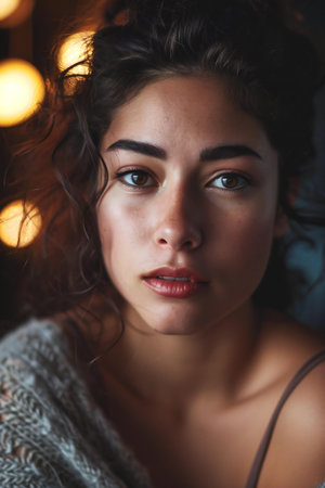 Portrait of a beautiful young woman with curly hair in a gray sweater.の素材