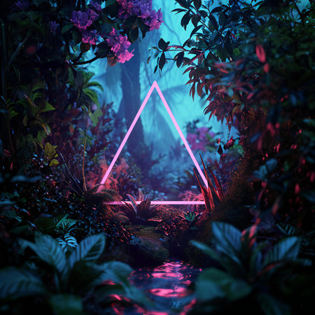 Neon triangle in the forest. Neon backgroundの素材