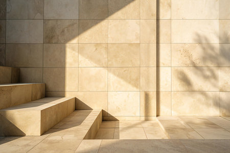 marble stairs with shadow on the wall and floorの素材