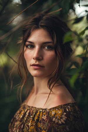 Portrait of a beautiful young woman with long brown hair and green eyesの素材