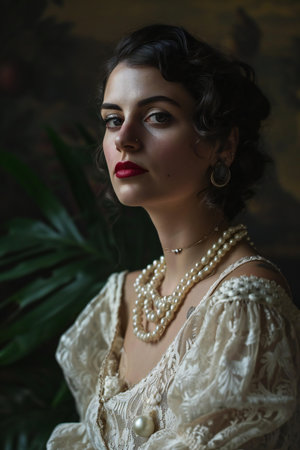 Portrait of a beautiful woman in a white dress with pearlsの素材