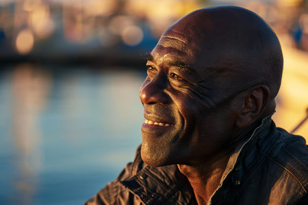 Portrait of an elderly African man smiling at the camera outdoors.の素材