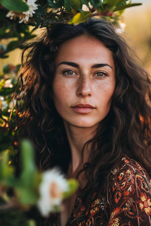 Portrait of a beautiful young girl with long curly hair and freckles.の素材