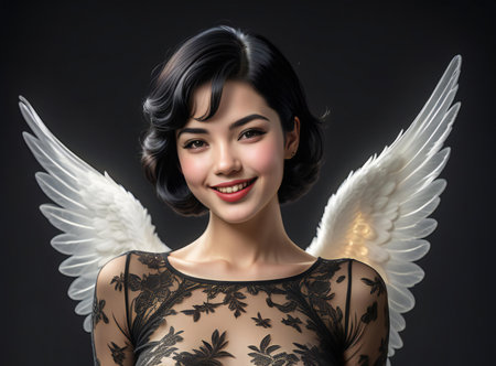 Beautiful asian woman with angel wings, isolated on black backgroundの素材