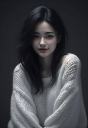 Portrait of a beautiful asian woman in white sweater on black backgroundの素材