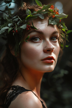 Close-up portrait of a beautiful girl with a wreath on her headの素材