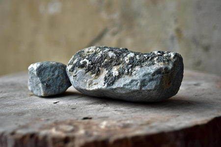 Stone on a wooden table against the background of a concrete wall.の素材