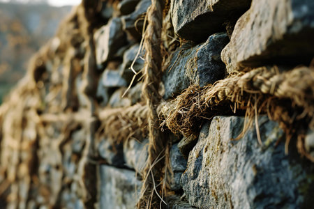 Old stone wall with rope, close-up. Selective focus.の素材