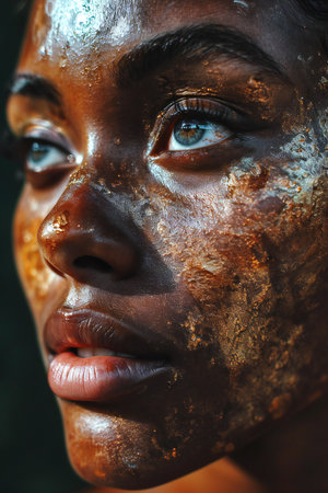 Close-up portrait of beautiful african american woman with vitiligo.の素材