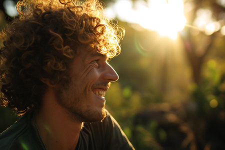 Portrait of a smiling man with curly hair on sunset background.の素材