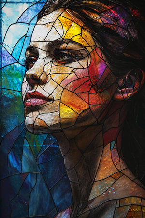 Portrait of a beautiful young woman in stained glass window. Artの素材