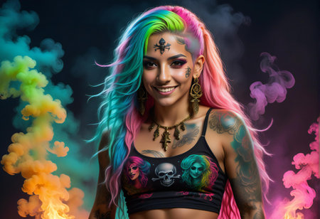 Portrait of a beautiful woman with colorful hair and make up.の素材