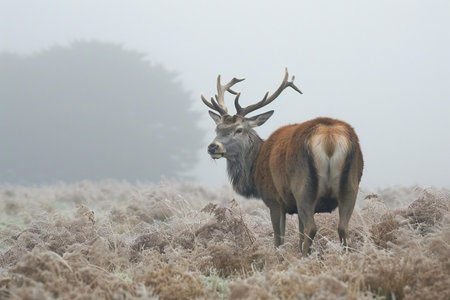 Red deer stag during rutting season on foggy winter morning.の素材