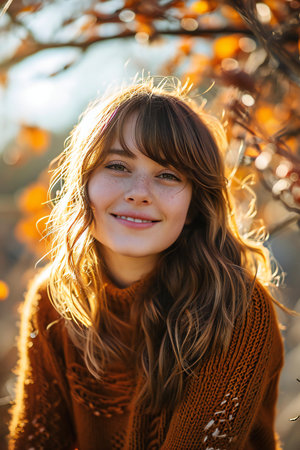 Portrait of a beautiful little girl in the autumn park at sunsetの素材