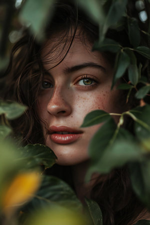 Portrait of a beautiful young woman with green eyes and red lipsの素材