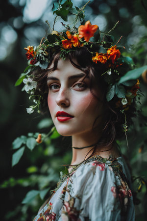 Beautiful young woman with wreath of flowers on her head in the gardenの素材