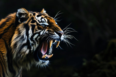 Close up of a tiger yawning in the dark. (Panthera tigris altaica)の素材