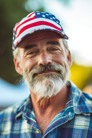 Portrait of senior man with beard in baseball cap standing outdoors.の素材