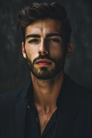 Portrait of a handsome young man with beard on dark background.の素材