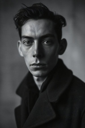 Portrait of a handsome young man in a black coat. Men's beauty, fashion.の素材