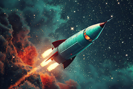 Space rocket taking off into the space.の素材