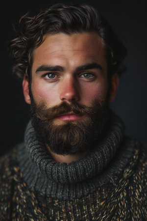 Portrait of a handsome young man with a beard in a warm sweater.の素材