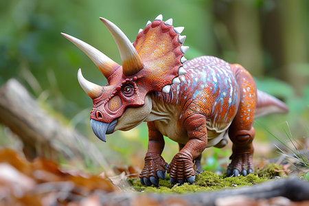 Triceratops dinosaur standing on moss in the forest.の素材