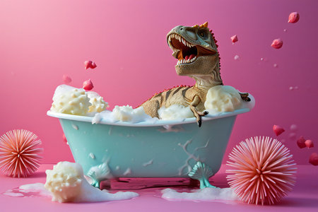 Dinosaur in a bathtub with ice cream on pink background.の素材