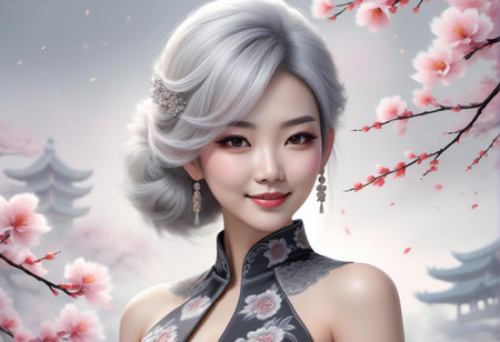Beautiful asian woman with cherry blossom and sakura backgroundの素材