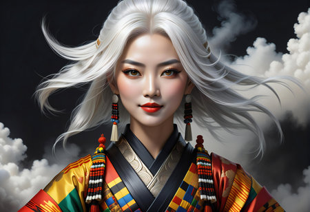 Portrait of a beautiful geisha in kimono against the background of cloudsの素材