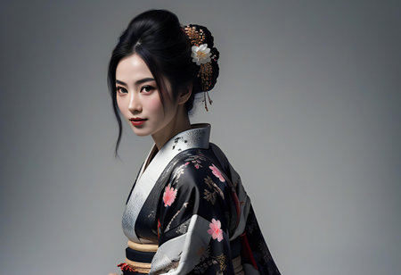 Portrait of a beautiful geisha in kimono on gray backgroundの素材