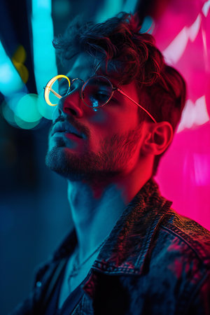 Handsome young man with stylish hairstyle and sunglasses posing in night city.の素材