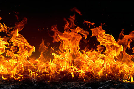 Fire flames on black background, abstract blaze of fire flame texture backgroundの素材