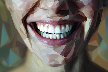 beautiful woman smile with white teeth on polygonal background.の素材