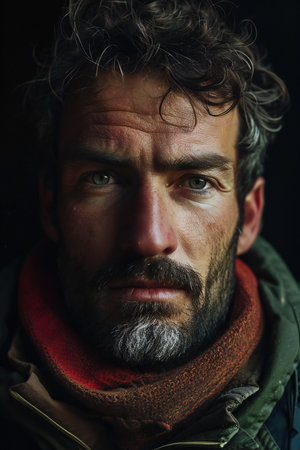 Portrait of a man with a beard on a dark background.の素材