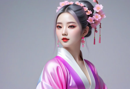 beautiful geisha doll in kimono with cherry blossomの素材