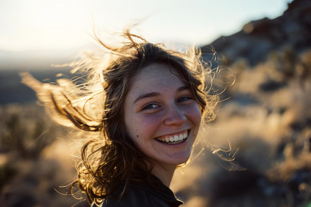 Portrait of a beautiful smiling girl with flying hair in the desertの素材