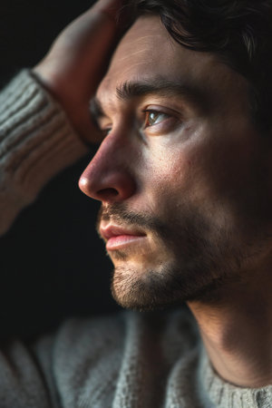 Close-up portrait of a young man in a sweater on a black backgroundの素材