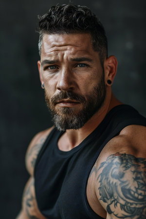 Portrait of a brutal man with tattoos on his arms and shouldersの素材